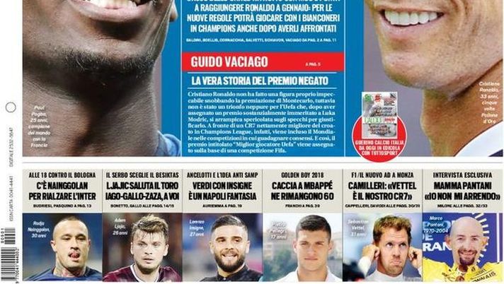 Prima Pagina, Tuttosport: “Pogba vuole CR7: può raggiungerlo a gennaio. Cutrone, urlo Milan. Nainggolan per rialzare l’Inter…”  Prima Pagina, Tuttosport: “Pogba vuole CR7: può raggiungerlo a gennaio. Cutrone, urlo Milan. Nainggolan per rialzare l’Inter…”