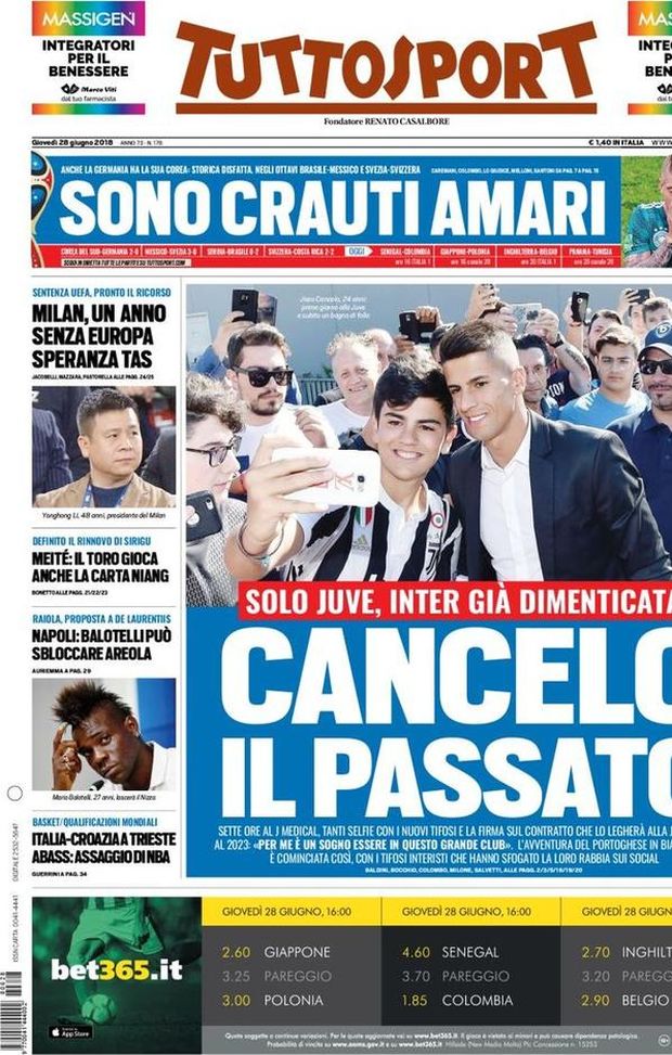 Prima Pagina, Tuttosport: “Cancelo il passato. Sono crauti amari. Milan, un anno senza Europa. Napoli, Balotelli…” Prima Pagina, Tuttosport: “Cancelo il passato. Sono crauti amari. Milan, un anno senza Europa. Napoli, Balotelli…”