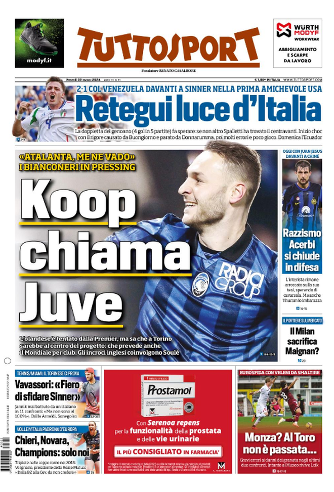 La prima pagina di Tuttosport 22/03/2024