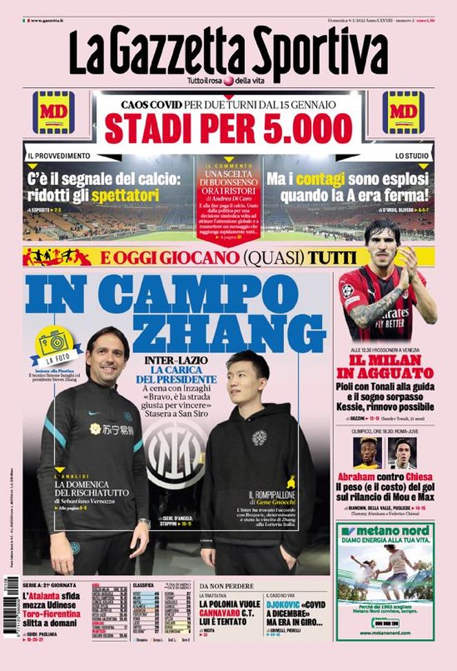 Prima Pagina, La Gazzetta dello Sport: “In campo Zhang. Il Milan in agguato” Prima Pagina, La Gazzetta dello Sport: “In campo Zhang. Il Milan in agguato” - immagine 1