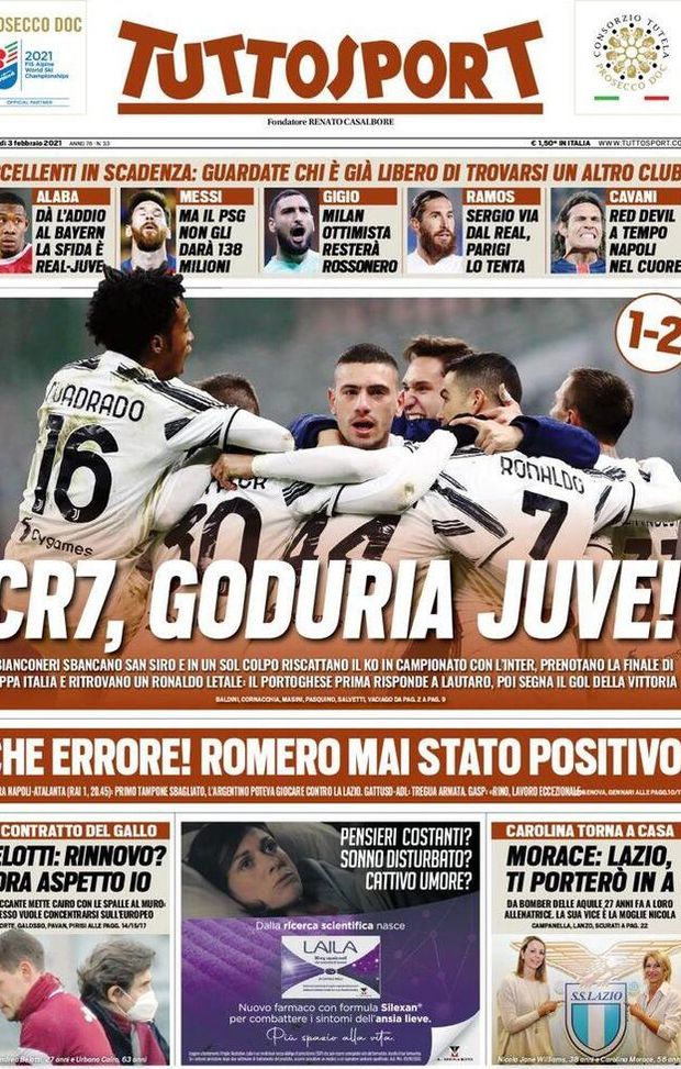  Tuttosport, la prima pagina di oggi, mercoledì 3 febbraio 2021 