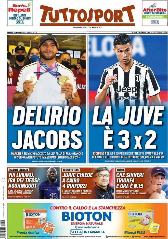 Prima Pagina, Tuttosport: “Delirio Jacobs. La Juve è 3×2”  Prima Pagina, Tuttosport: “Delirio Jacobs. La Juve è 3×2”