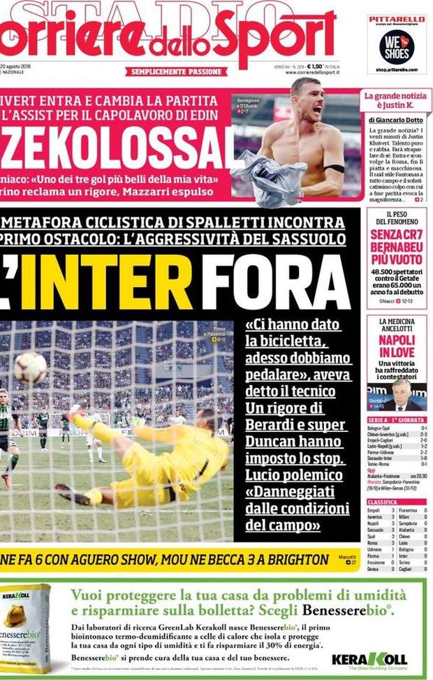 Prima Pagina, Corriere dello Sport: “L’Inter fora. Dzekolossal. Senza CR7 Bernabeu più vuoto. La medicina di Ancelotti…” Prima Pagina, Corriere dello Sport: “L’Inter fora. Dzekolossal. Senza CR7 Bernabeu più vuoto. La medicina di Ancelotti…”