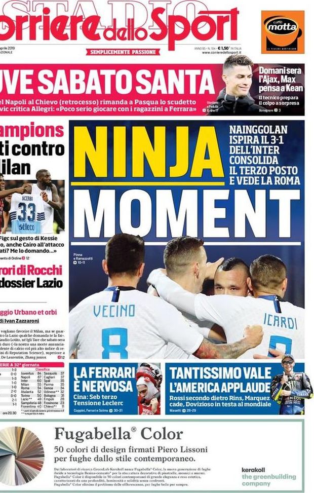 Prima Pagina, Corriere dello Sport: “Ninja moment. Juve sabato santa. Champions, tutti contro il Milan” Prima Pagina, Corriere dello Sport: “Ninja moment. Juve sabato santa. Champions, tutti contro il Milan”