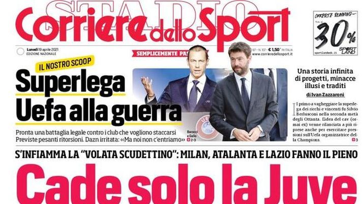 Prima Pagina, Corriere dello Sport: &#8220;Cade solo la Juve, Conte si ferma a Napoli. Superlega, Uefa alla guerra&#8221; 