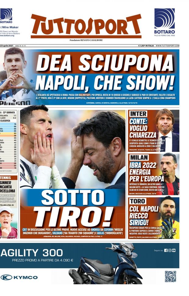 Prima Pagina, Tuttosport: “Dea sciupona, Napoli che show! Sotto tiro, da CR7 ad Agnelli”  Prima Pagina, Tuttosport: “Dea sciupona, Napoli che show! Sotto tiro, da CR7 ad Agnelli”