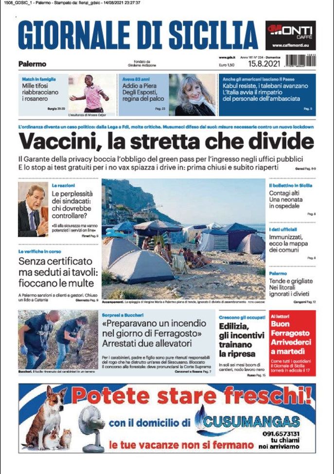 Prima Pagina, Giornale di Sicilia: “Vaccini, la strada che divide”  Prima Pagina, Giornale di Sicilia: “Vaccini, la strada che divide”