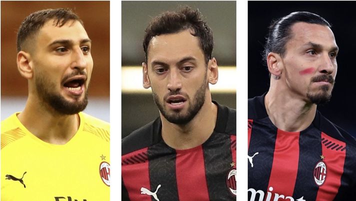 Gigio Donnarumma (portiere AC Milan), Hakan Calhanoglu (centrocampista AC Milan) e Zlatan Ibrahimovic (attaccante AC Milan) | Calciomercato AC Milan News (Getty Images) 