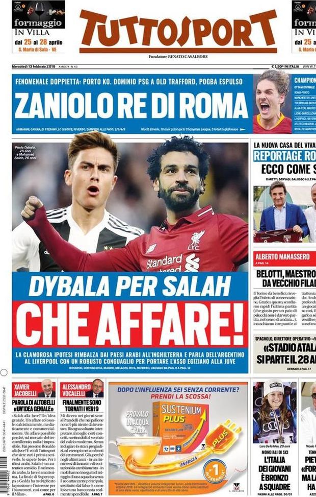 Prima Pagina, Tuttosport: “Dybala per Salah, che affare! Zaniolo re di Roma. Dominio PSG&#8230;” 