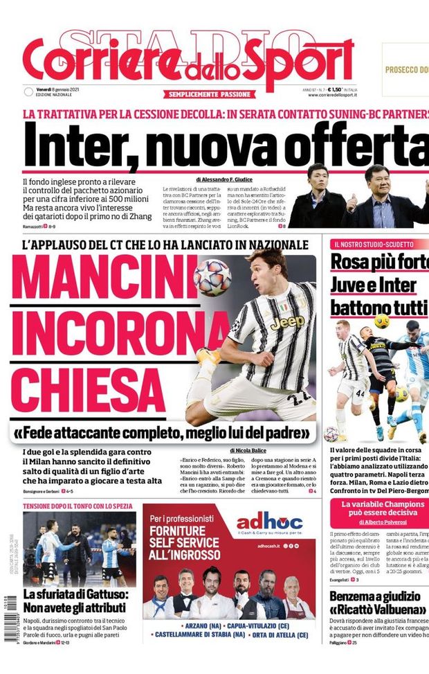 Prima Pagina, Corriere dello Sport: &#8220;Inter, nuova offerta: contatto Suning-Bc Partners. Mancini elogia Chiesa”