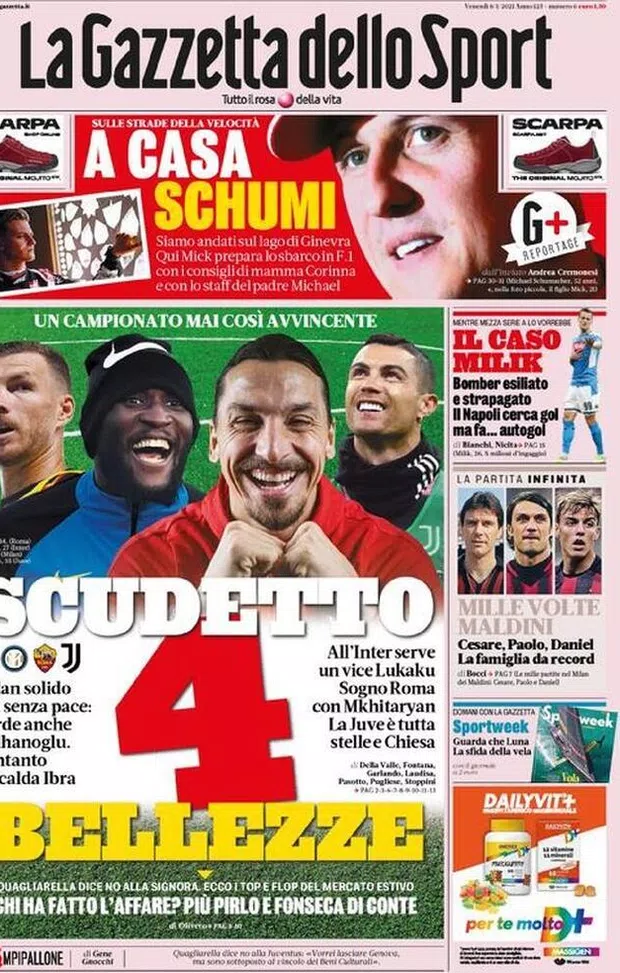 La prima pagina della Gazzetta dello Sport, in edicola oggi, 8 gennaio 2021