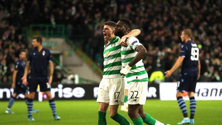 GLASGOW, SCOTLAND - OCTOBER 24: Ryan Christie of Celtic celebrates after scoring his team's first goal with Odsonne Edouard of Celtic during the UEFA Europa League group E match between Celtic FC and Lazio Roma at Celtic Park on October 24, 2019 in Glasgow, United Kingdom. (Photo by Ian MacNicol/Getty Images) GLASGOW, SCOTLAND - OCTOBER 24: Ryan Christie of Celtic celebrates after scoring his team's first goal with Odsonne Edouard of Celtic during the UEFA Europa League group E match between Celtic FC and Lazio Roma at Celtic Park on October 24, 2019 in Glasgow, United Kingdom. (Photo by Ian MacNicol/Getty Images)