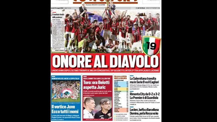 Prima Pagina, Tuttosport: “Onore al Diavolo. Salernitana ko ma in B va il Cagliari”  Prima Pagina