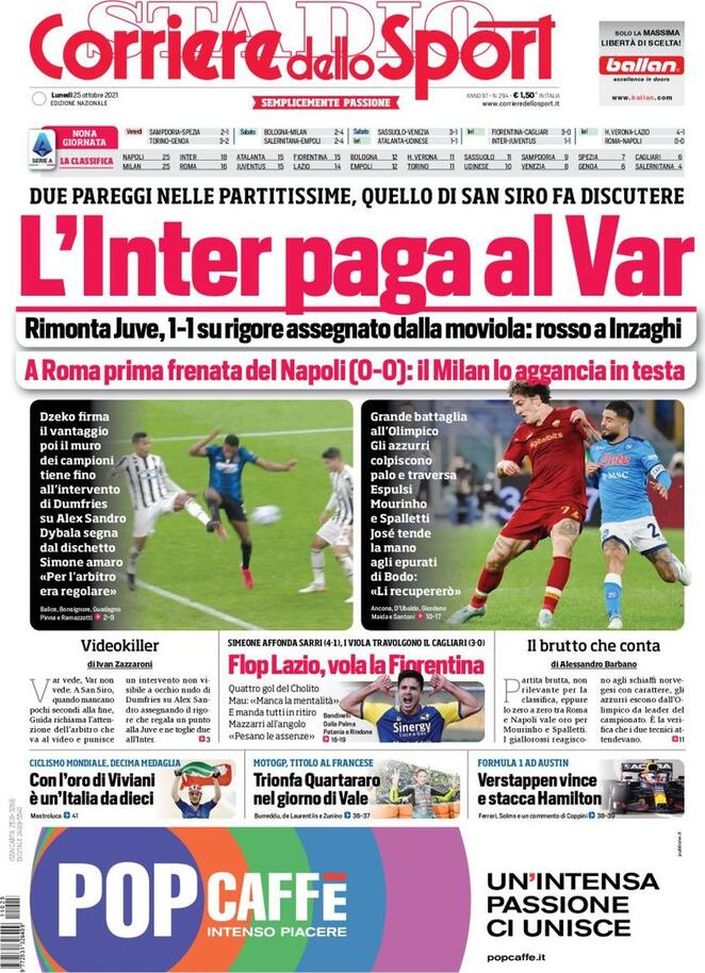 Prima Pagina, Corriere dello Sport: “L’Inter paga al Var, la Roma frena il Napoli” Prima Pagina, Corriere dello Sport: “L’Inter paga al Var, la Roma frena il Napoli” - immagine 1