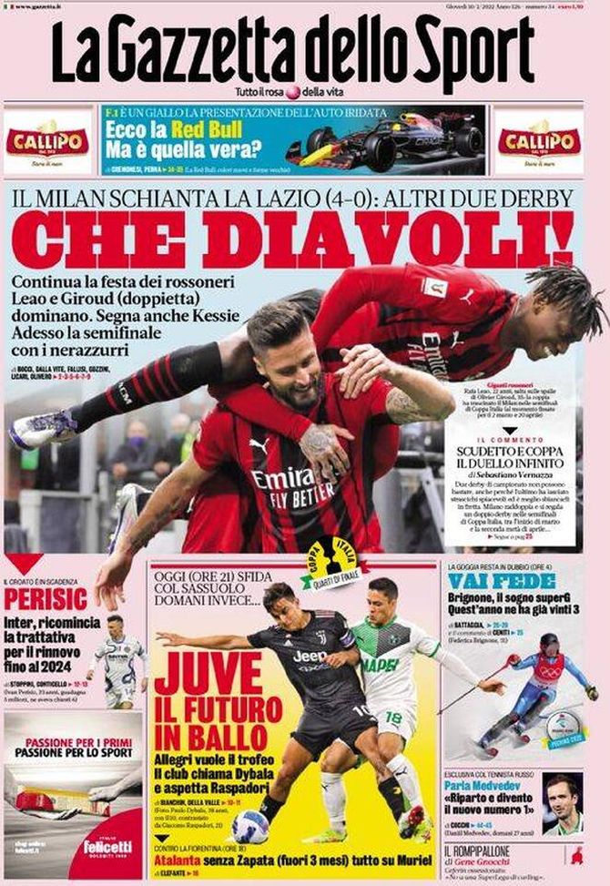 La Gazzetta dello Sport, la prima pagina di oggi, giovedì 10 febbraio 2022