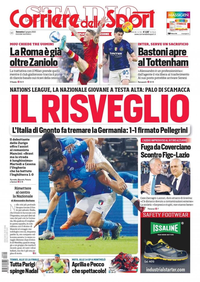 Prima Pagina, Corriere dello Sport: “Il risveglio. L’Italia fa tremare la Germania”  Prima Pagina, Corriere dello Sport: “Il risveglio. L’Italia fa tremare la Germania” - immagine 1