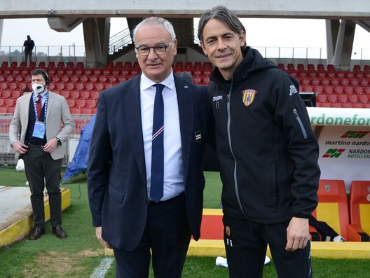 BENEVENTO, ITALY - FEBRUARY 07: Claudio Ranieri, head coach of Sampdoria and Filippo Inzaghi, head coach of Benevento pose for a photo prior to the Serie A match between Benevento Calcio and UC Sampdoria at Stadio Ciro Vigorito on February 07, 2021 in Benevento, Italy. Sporting stadiums around Italy remain under strict restrictions due to the Coronavirus Pandemic as Government social distancing laws prohibit fans inside venues resulting in games being played behind closed doors. (Photo by Francesco Pecoraro/Getty Images) BENEVENTO, ITALY - FEBRUARY 07: Claudio Ranieri, head coach of Sampdoria and Filippo Inzaghi, head coach of Benevento pose for a photo prior to the Serie A match between Benevento Calcio and UC Sampdoria at Stadio Ciro Vigorito on February 07, 2021 in Benevento, Italy. Sporting stadiums around Italy remain under strict restrictions due to the Coronavirus Pandemic as Government social distancing laws prohibit fans inside venues resulting in games being played behind closed doors. (Photo by Francesco Pecoraro/Getty Images)