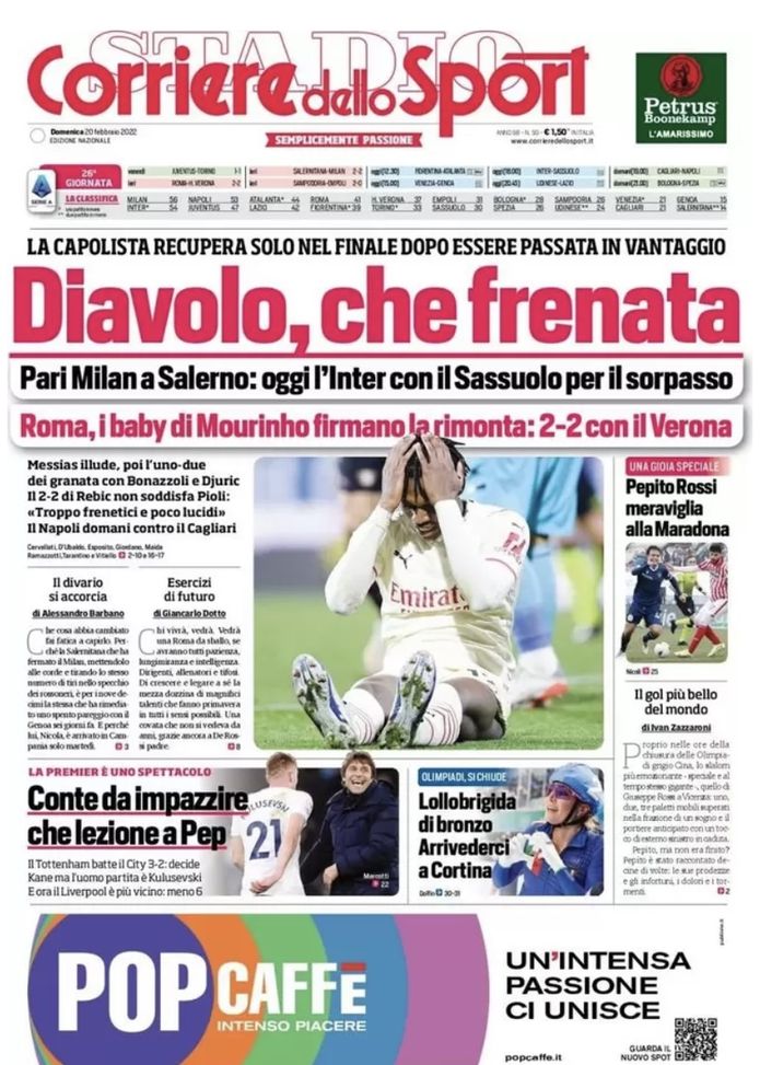 Prima Pagina, Corriere dello Sport: “Diavolo, che frenata. L’Inter per il sorpasso” - immagine 1