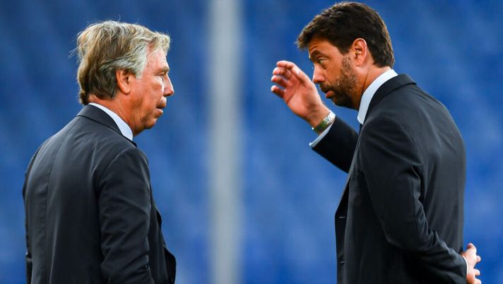 GENOA, ITALY - JUNE 30: Andrea Agnelli chairman of Juventus (R) chats with Enrico Preziosi chairman of Genoa before the Serie A match between Genoa CFC and Juventus FC at Stadio Luigi Ferraris on June 30, 2020 in Genoa, Italy. (Photo by Paolo Rattini/Getty Images) Secolo XIX: “La rivoluzione di Preziosi: scelto il nuovo allenatore, Nicola va via” - immagine 1