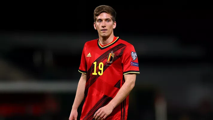 LEUVEN, BELGIUM - MARCH 30:  Dennis Praet of Belgium in action during the FIFA World Cup 2022 Qatar qualifying match between Belgium and Belarus at The King Power Stadium, Den Dreef on March 30, 2021 in Leuven, Belgium. Sporting stadiums around Belgium remain under strict restrictions due to the Coronavirus Pandemic as Government social distancing laws prohibit fans inside venues resulting in games being played behind closed doors. (Photo by Dean Mouhtaropoulos/Getty Images)