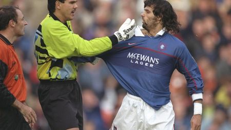 25 Oct 1997: Dundee Utd goalkeeper Sieb Dykstra (centre) confronts Marco Negri of Rangers during a Scottish Premier League match at Tannadice Park in Dundee, Scotland. Dundee United won the match 2-1. Mandatory Credit: Clive Brunskill/Allsport 25 Oct 1997: Dundee Utd goalkeeper Sieb Dykstra (centre) confronts Marco Negri of Rangers during a Scottish Premier League match at Tannadice Park in Dundee, Scotland. Dundee United won the match 2-1. Mandatory Credit: Clive Brunskill/Allsport