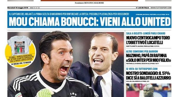Prima Pagina, Tuttosport: &#8220;Mou chiama Bonucci. Solo l&#8217;Inter per Rafinha. Segretissimo: Buffon e Allegri&#8230;&#8221; 