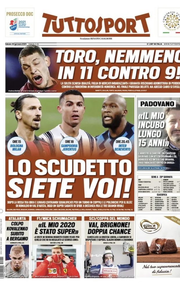 Prima Pagina, Tuttosport: “Lo scudetto siete voi! Toro, nemmeno in 11 contro 9!” Prima Pagina, Tuttosport: “Lo scudetto siete voi! Toro, nemmeno in 11 contro 9!”