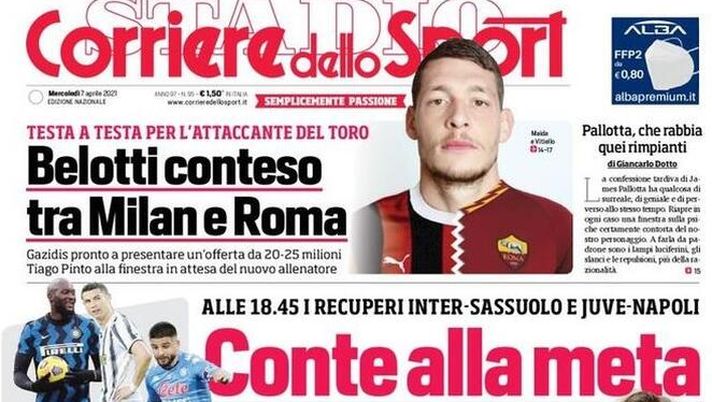 Prima Pagina, Corriere dello Sport: &#8220;Belotti conteso tra Milan e Roma. Conte alla meta, Pirlo al bivio. Vinicius nuovo galactico&#8221; 