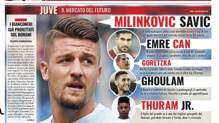 Prima Pagina, Tuttosport: &#8220;Agganciati. Juve, il mercato del futuro. Milinkovic Savic, Emre Can, Ghoulam e&#8230;&#8221; 