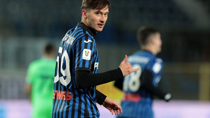 BERGAMO, ITALY - JANUARY 27: Aleksej Miranchuk of Atalanta B.C. celebrates after scoring their sides third goal during the Coppa Italia match between Atalanta BC and SS Lazio at Gewiss Stadium on January 27, 2021 in Bergamo, Italy. Sporting stadiums around Italy remain under strict restrictions due to the Coronavirus Pandemic as Government social distancing laws prohibit fans inside venues resulting in games being played behind closed doors. (Photo by Emilio Andreoli/Getty Images) BERGAMO, ITALY - JANUARY 27: Aleksej Miranchuk of Atalanta B.C. celebrates after scoring their sides third goal during the Coppa Italia match between Atalanta BC and SS Lazio at Gewiss Stadium on January 27, 2021 in Bergamo, Italy. Sporting stadiums around Italy remain under strict restrictions due to the Coronavirus Pandemic as Government social distancing laws prohibit fans inside venues resulting in games being played behind closed doors. (Photo by Emilio Andreoli/Getty Images)