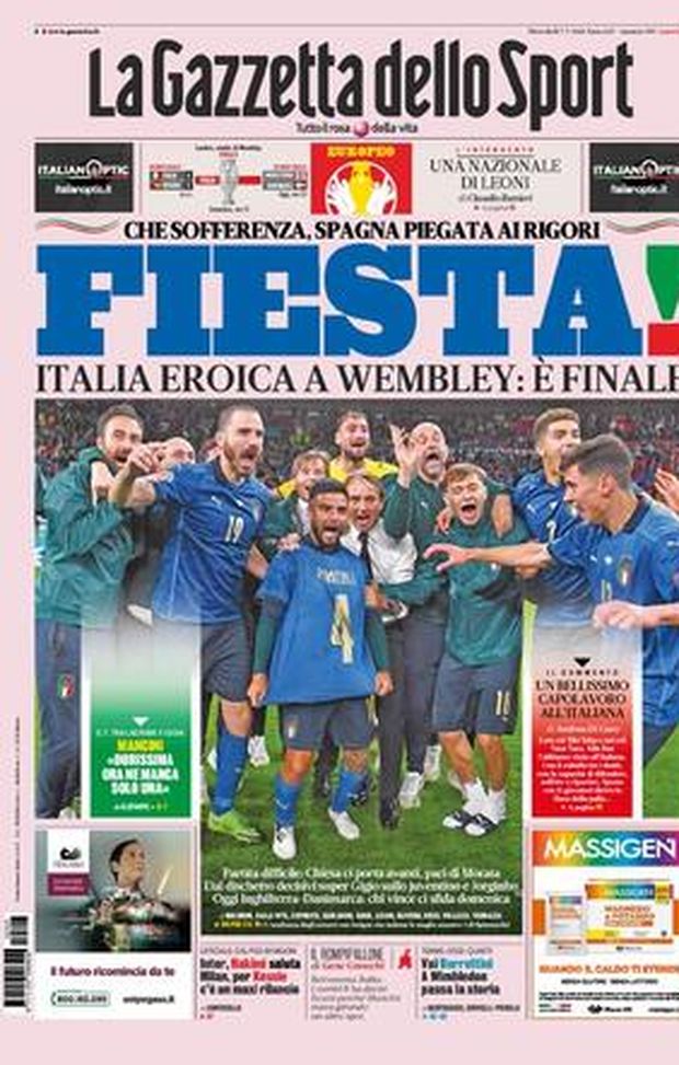 Prima Pagina, La Gazzetta dello Sport: “Fiesta! Italia eroica a Wembley: è finale”  Prima Pagina, La Gazzetta dello Sport: “Fiesta! Italia eroica a Wembley: è finale”