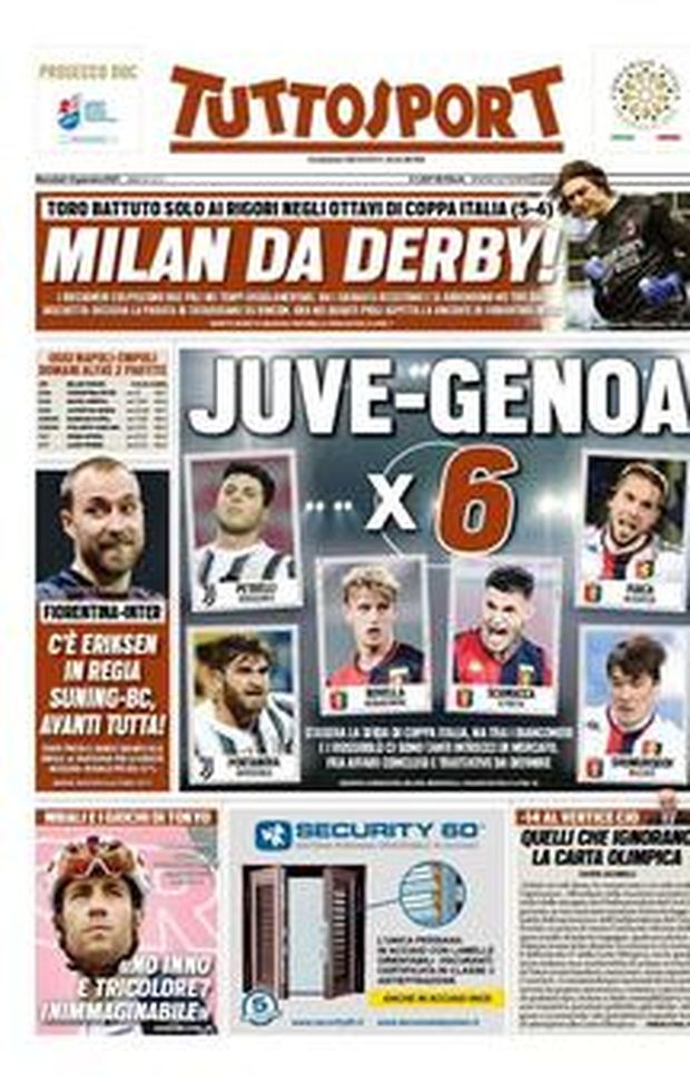Prima pagina, Tuttosport: “Milan da derby, Torino battuto solo ai rigori. Juve-Genoa x 6″  Prima pagina, Tuttosport: “Milan da derby, Torino battuto solo ai rigori. Juve-Genoa x 6″