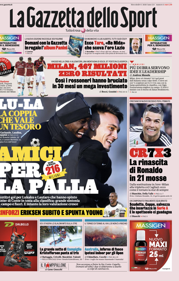 LE PRIME PAGINE DEI QUOTIDIANI SPORTIVI DELL’8.1