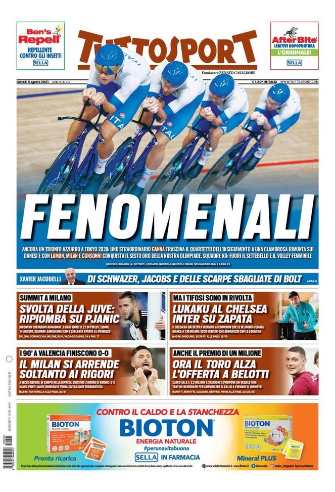 Prima Pagina, Tuttosport: “Fenomenali. Svolta della Juve, ripiomba su Pjanic” 