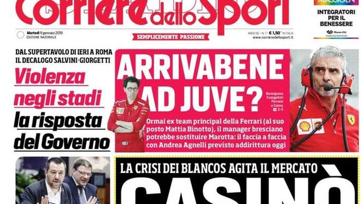 Prima Pagina, Corriere dello Sport: “Casinò Real. Arrivabene ad Juve? Roma, è Thiago Mendes. Barella…” Prima Pagina, Corriere dello Sport: “Casinò Real. Arrivabene ad Juve? Roma, è Thiago Mendes. Barella…”