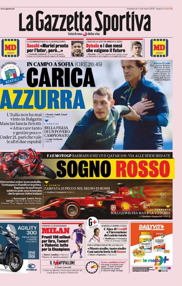 Prima Pagina, La Gazzetta dello Sport: “Carica azzurra. Milan, pronti 100 milioni per Ibra, Tomori e Vlahovic” 