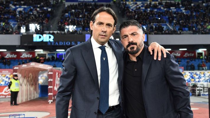 NAPLES, ITALY - JANUARY 21:  Gennaro Gattuso , Simone Inzaghi during the Coppa Italia match between SSC Napoli and SS Lazio at Stadio San Paolo on January 21, 2020 in Naples, Italy.  (Photo by SSC NAPOLI/SSC NAPOLI via Getty Images) 