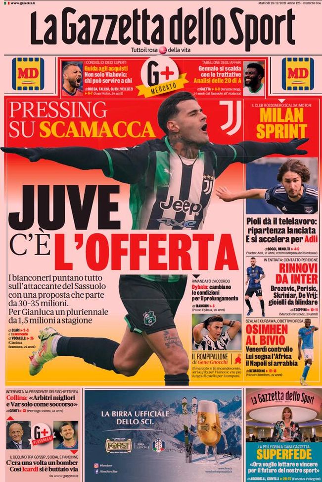 Prima Pagina, La Gazzetta dello Sport: “Juve, pressing su Scamacca. C’è l’offerta”  Prima Pagina