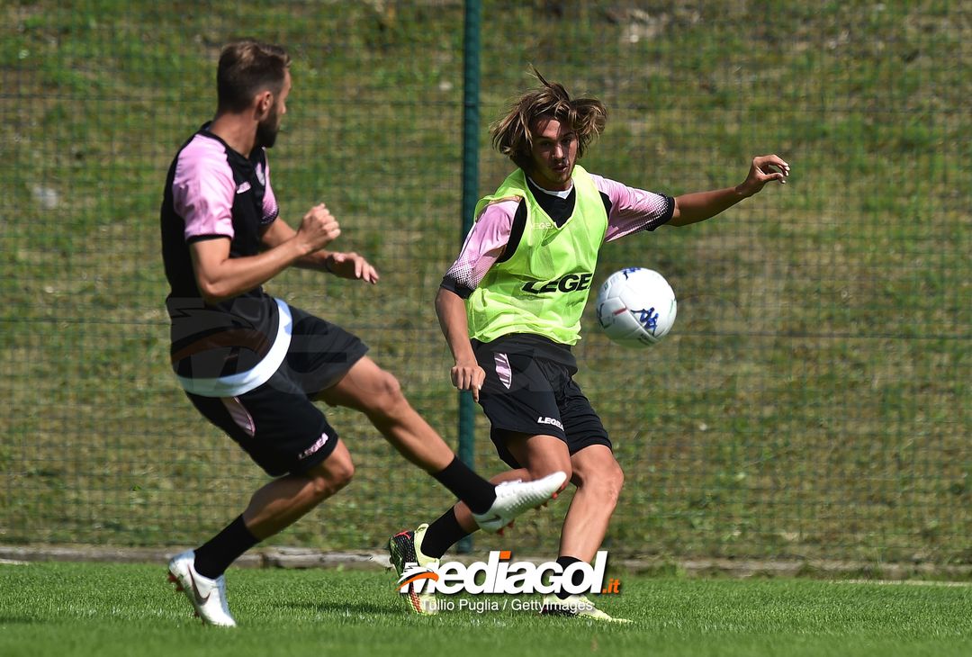  BELLUNO, ITALY - JULY 20:  Przemysław Szymiński and Antonino Gallo in action during a training session at the US Citta' di Palermo training camp on July 20, 2018 in Belluno, Italy.  (Photo by Tullio M. Puglia/Getty Images) 