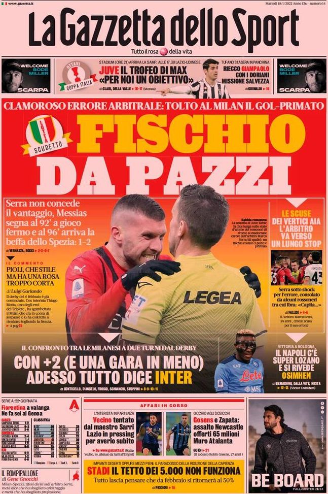 Prima Pagina, La Gazzetta dello Sport: “Stadi, il tetto dei 5000 non funziona” Prima Pagina