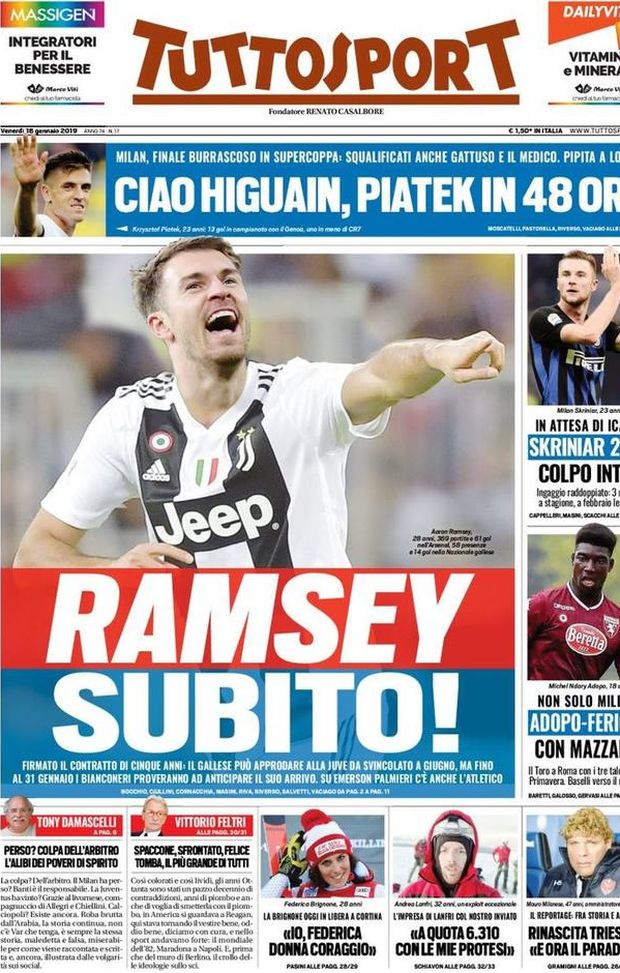 Prima Pagina, Tuttosport: “Ramsey subito! Ciao Higuain, Piatek in 48 ore. Škriniar 2023…” Prima Pagina, Tuttosport: “Ramsey subito! Ciao Higuain, Piatek in 48 ore. Škriniar 2023…”