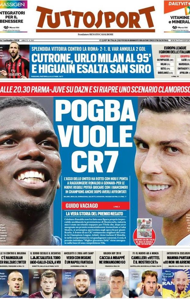 Prima Pagina, Tuttosport: “Pogba vuole CR7: può raggiungerlo a gennaio. Cutrone, urlo Milan. Nainggolan per rialzare l’Inter…” Prima Pagina, Tuttosport: “Pogba vuole CR7: può raggiungerlo a gennaio. Cutrone, urlo Milan. Nainggolan per rialzare l’Inter…”
