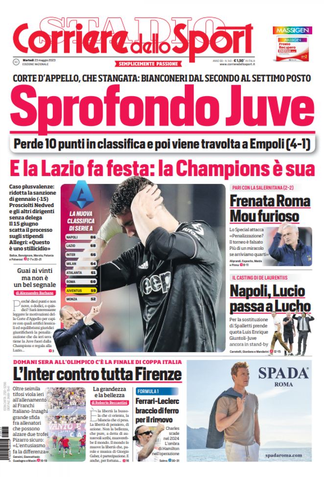 Il Corriere dello Sport, la prima pagina di oggi, martedì 23 maggio 2023 Il Corriere dello Sport