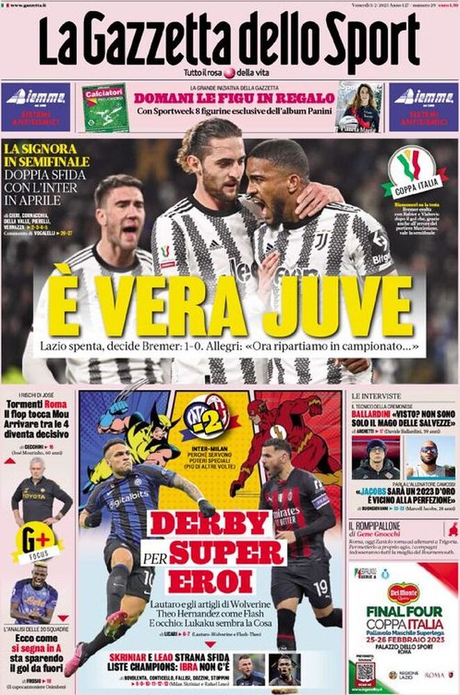 Prima pagina Gazzetta dello Sport 03-02-2023