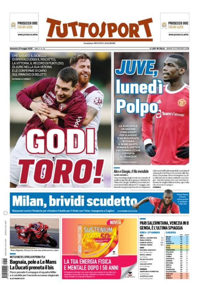 Prima Pagina, Tuttosport: “Godi Toro! Juve, lunedì Polpo. Milan, brividi scudetto”- immagine 1
