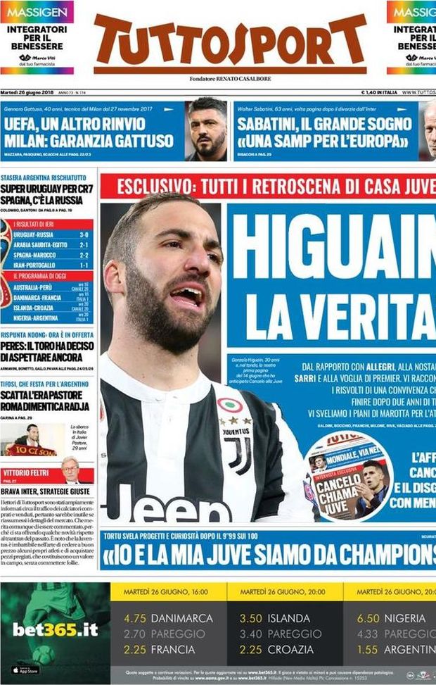Prima Pagina, Tuttosport: “Higuain, la verità. Uefa, un altro rinnovo. Milan: garanzia Gattuso. Scatta l’era Pastore…” Prima Pagina, Tuttosport: “Higuain, la verità. Uefa, un altro rinnovo. Milan: garanzia Gattuso. Scatta l’era Pastore…”