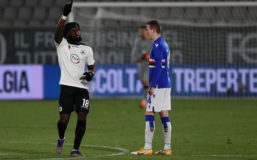LA SPEZIA, ITALY - JANUARY 11: Mbala Nzola of Spezia Calcio celebrates after scoring a goal during the Serie A match between Spezia Calcio and UC Sampdoria at Stadio Alberto Picco on January 11, 2021 in La Spezia, Italy. (Photo by Gabriele Maltinti/Getty Images) LA SPEZIA, ITALY - JANUARY 11: Mbala Nzola of Spezia Calcio celebrates after scoring a goal during the Serie A match between Spezia Calcio and UC Sampdoria at Stadio Alberto Picco on January 11, 2021 in La Spezia, Italy. (Photo by Gabriele Maltinti/Getty Images)