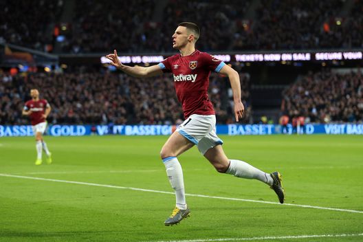 LONDON, ENGLAND - MARCH 02: Declan Rice of West Ham United celebrates after scoring his team's first goal during the Premier League match between West Ham United and Newcastle United at London Stadium on March 02, 2019 in London, United Kingdom. (Photo by Stephen Pond/Getty Images) LONDON, ENGLAND - MARCH 02: Declan Rice of West Ham United celebrates after scoring his team's first goal during the Premier League match between West Ham United and Newcastle United at London Stadium on March 02, 2019 in London, United Kingdom. (Photo by Stephen Pond/Getty Images)