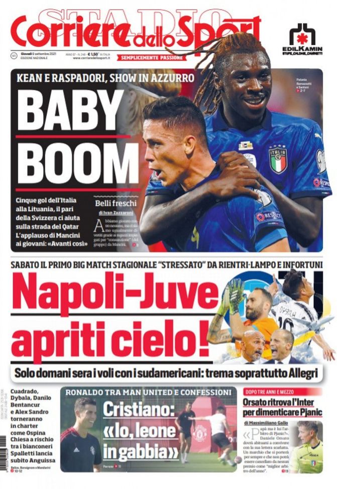 Prima Pagina, Corriere dello Sport: “Baby boom. Napoli-Juve, apriti cielo!” 