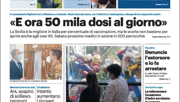Prima Pagina, Giornale di Sicilia: “E ora 50 mila dosi al giorno. L’Italia a Sofia, Mancini si affida a Belotti” 